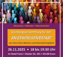Plakat zur Gründung des Angehörigenbeirats mit Datum, Ort und Uhrzeit